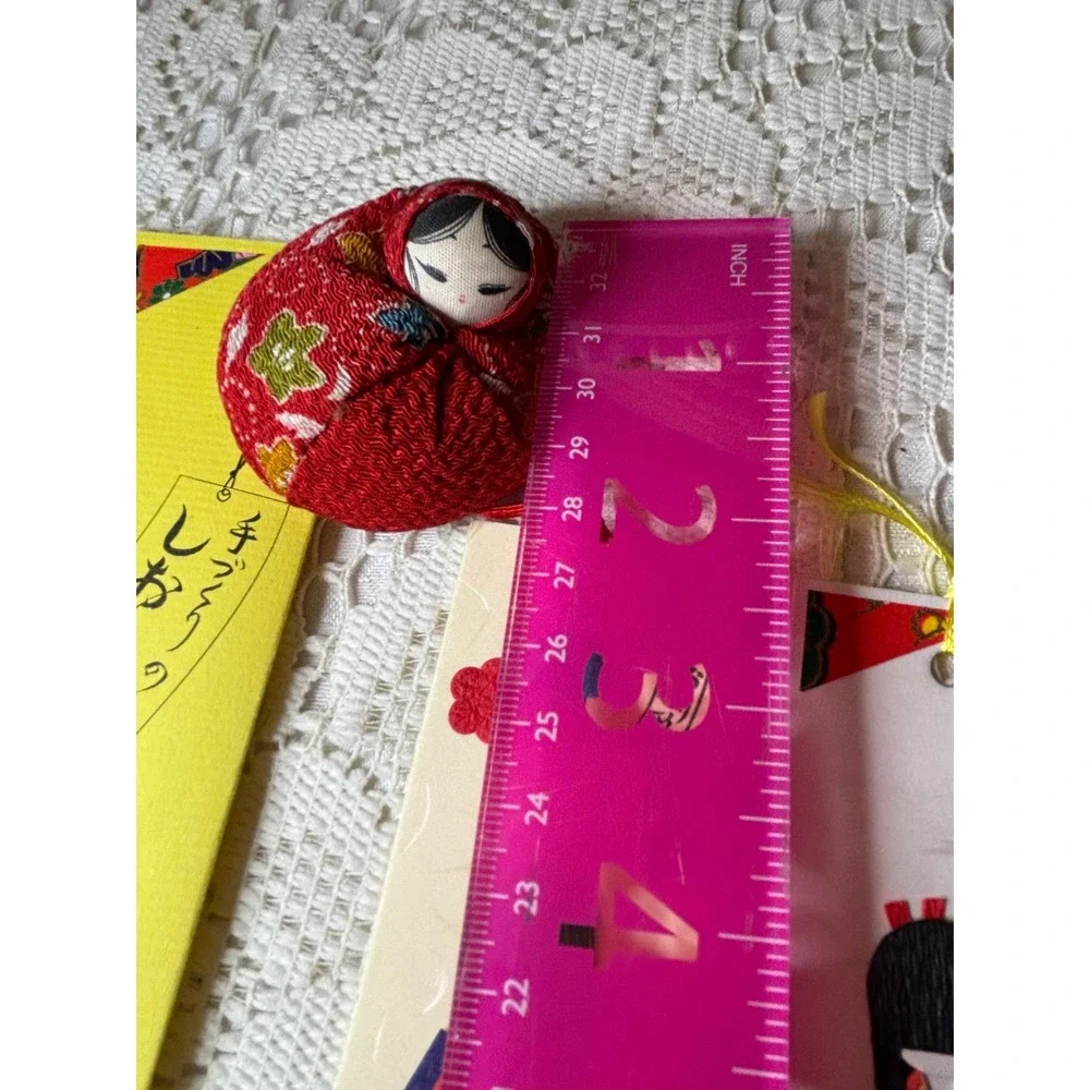 Japanese Washi Paper Doll Bookmark Set and Red Chirimen Fabric Otedama Doll